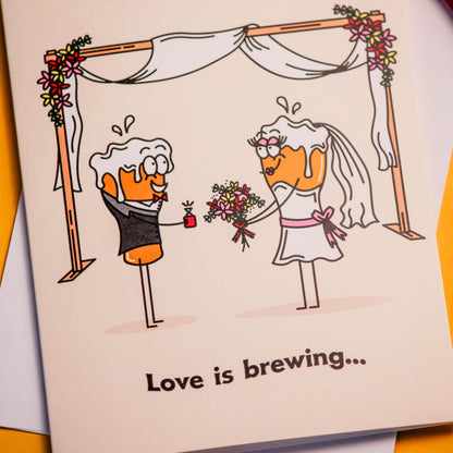 Love Is Brewing Beer Themed Wedding Greeting Card